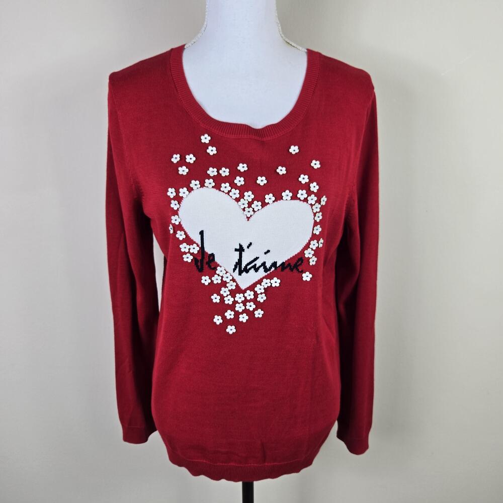 Talbots Sweater Womens Medium Red Je t'aime Heart Floral Applique Pullover Knit
